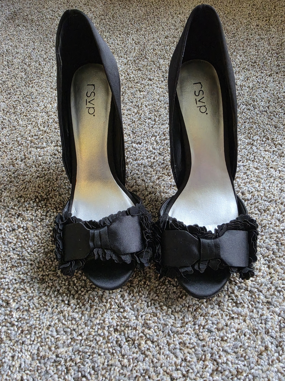 RSVP Black Satin Peep-Toe Heels with Bow Trim